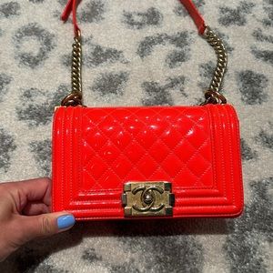 Chanel Small boy bag in Neon orange patent with gold hardware